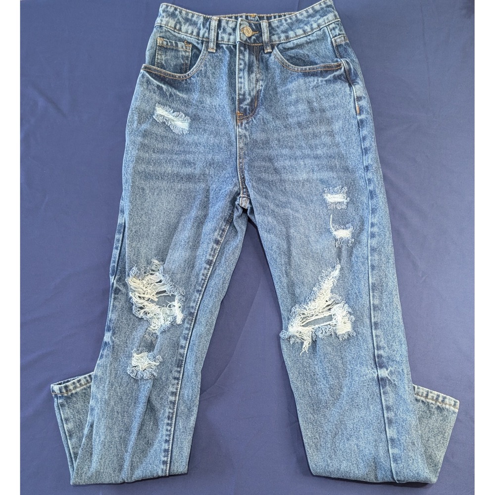SHEIN Women's Distressed Blue Denim Jeans High‎ Rise Ripped Pockets XS